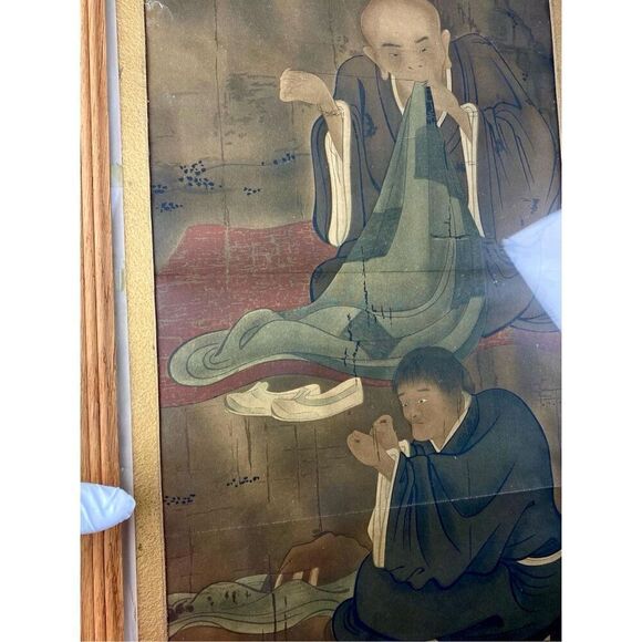 Antique Japanese Woodblock Framed Print Of Two Monks Sewing Keijo 25inL x 16inW - Picture 5 of 7